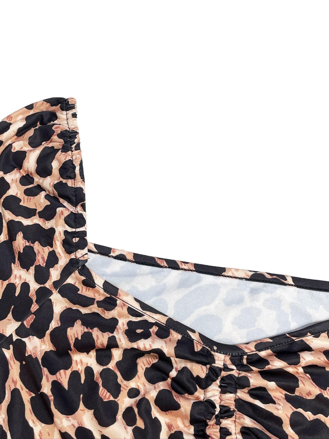 Women's Leopard Print Drawstring Short Fitted Blouse Top, Spring & Fall Thin Long Sleeve Shirt, Comfortable Fabric, Elegant, Chic, Feminine and Sexy Style