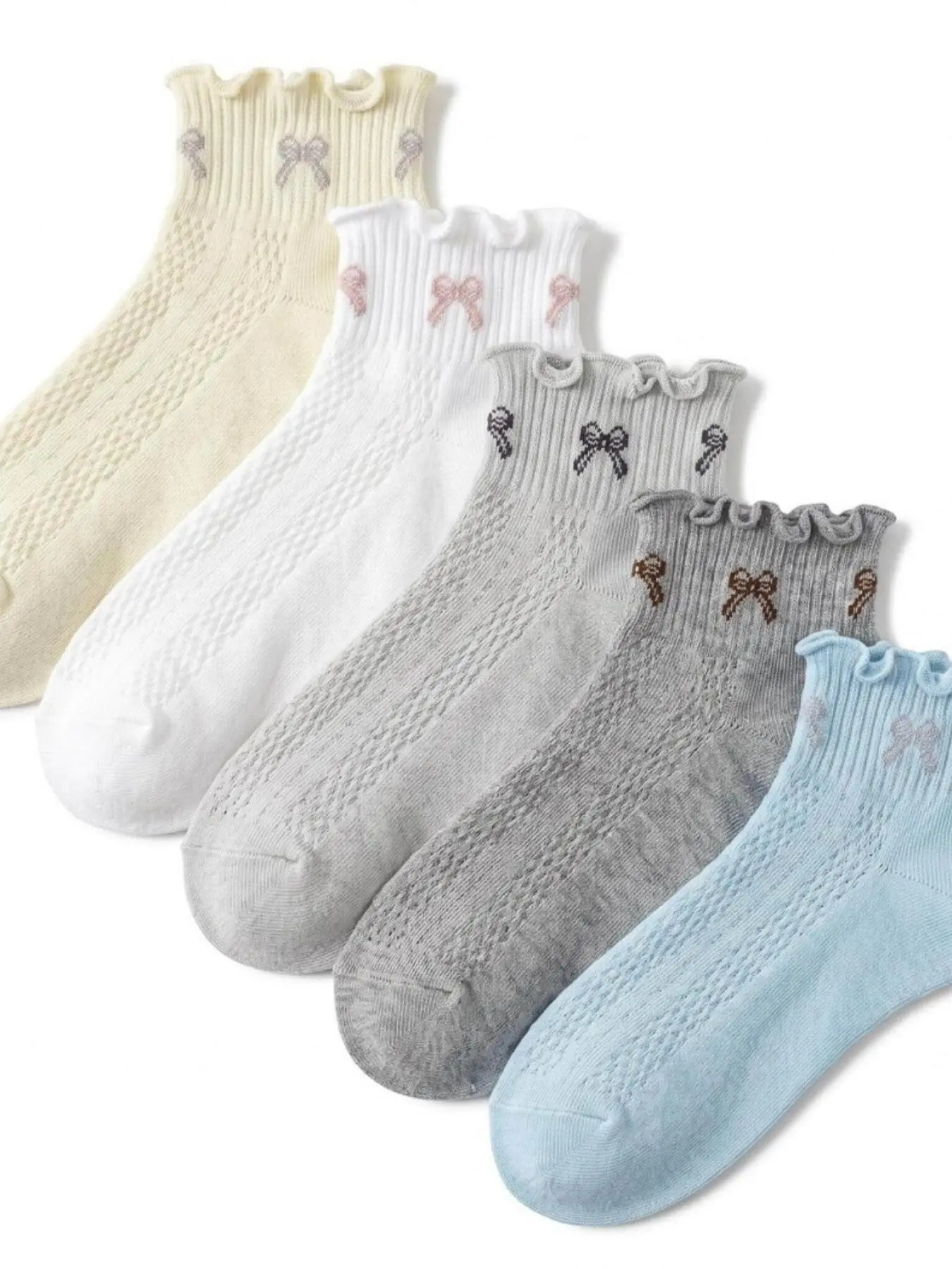 Wavy Earlobe Hollow Out Mesh Short Socks Five Pairs Set, Small Butterfly Knot Print Soft Light Color Student Daily Socks