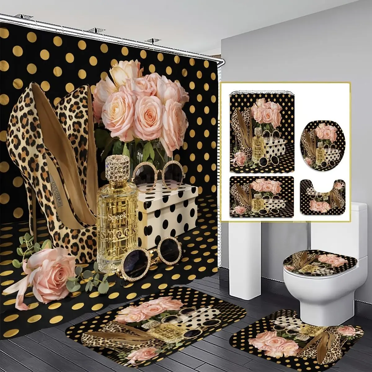 1/4pcs Shower Curtain Sets with Shower Curtain, Non-Slip Rugs, Toilet Lid Cover and Bath Mat, 4pcs Leopard Print High Heel Shoe Rose Theme Bathroom Set, Includes Bath Mat, U-Shaped Mat, Toilet Lid Cover, and 70.87x70.87inch Shower Curtain with 12 Hooks