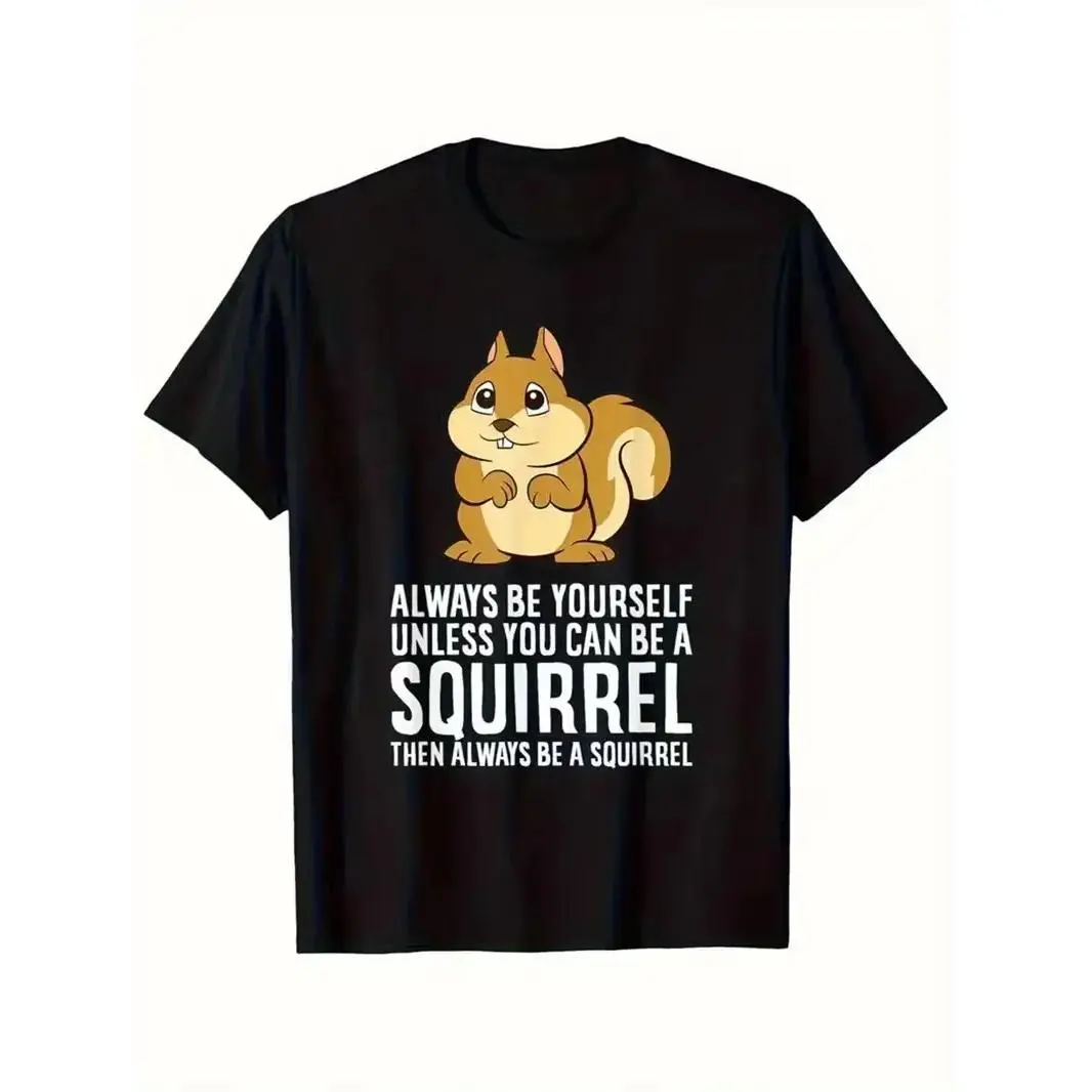 Men's All-Season Black Casual T-Shirt with Squirrel Graphic & Inspirational Quote Print - Soft Round Neck Short Sleeve Tee, Machine Washable Fit for Outdoor, Casual Attire - Cute Squirrel Design Shirt for Men