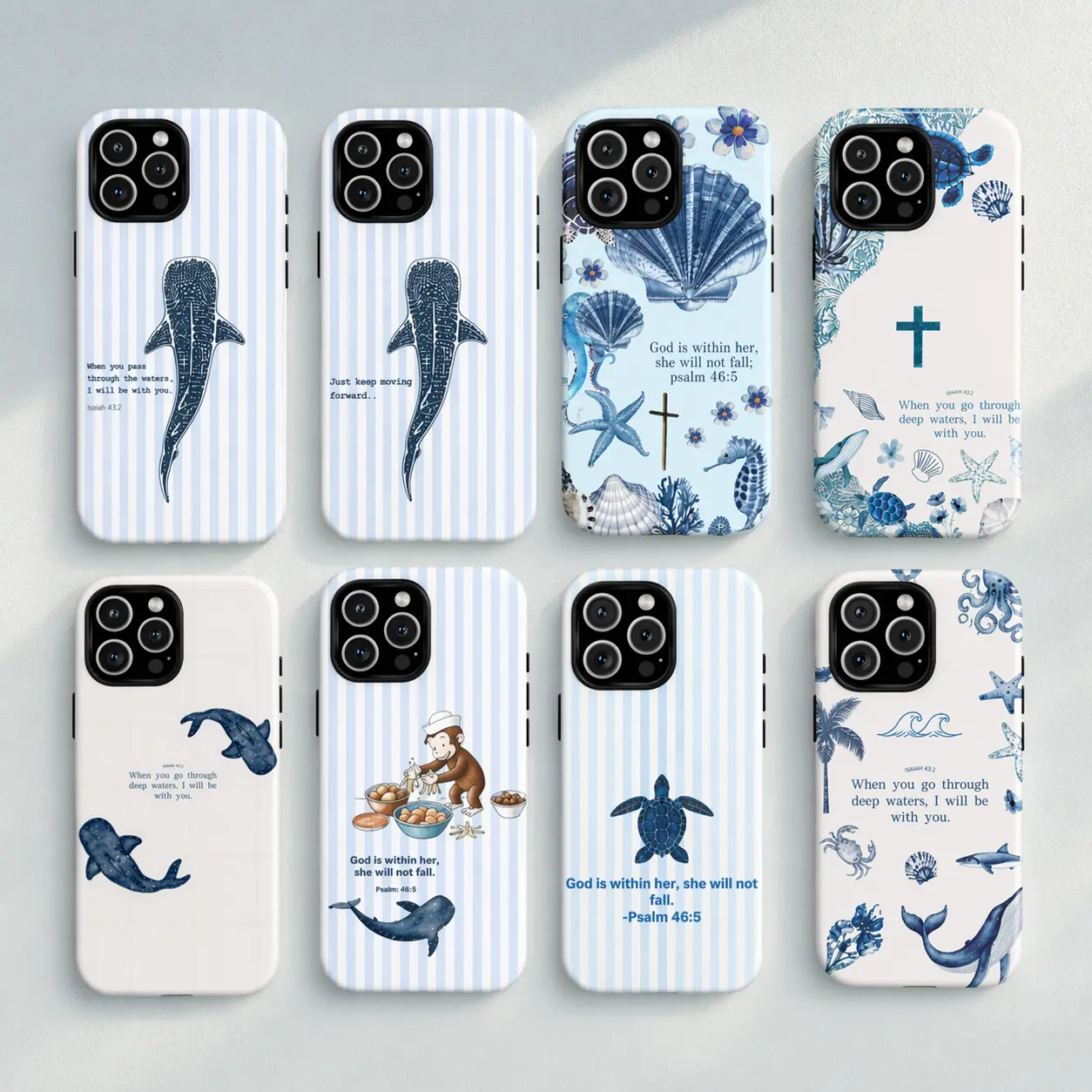 Isaiah 432 Whale Shark Style Phone Case for Christian iPhone 17 16 15 14 13 12 11 Pro ProMax Plus Air Coastal Blue Stripe Ocean Aesthetic Durable Shockproof Cover for Couple