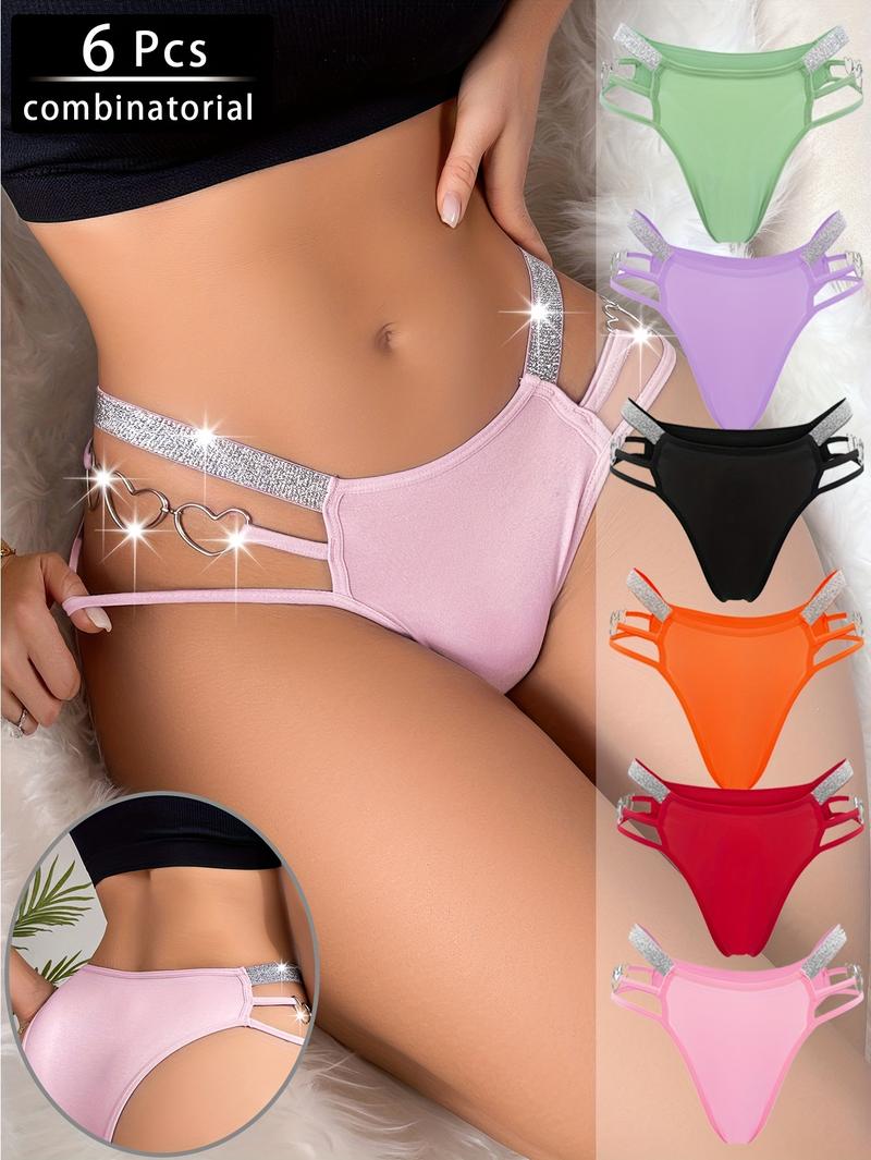 6 Pack Women's Sexy Heart-Shaped Chain Bikini Panties - Mixed Colors, Fashionable Soft Breathable Nylon Blend, Mature Elegant Low-Waist Design, Suitable for Parties and Romantic Dates Swim Knicker