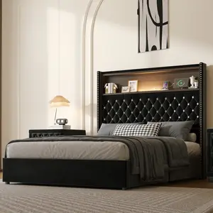 Glam Full Size Velvet Tufted Soft Platform Bed Frame with 52'' High Rivet-Decorated Wingback Headboard, Headboard Shelf, USB Port, Night Light, 78.17''x58.17''x51.97'' Size, 440lbs Weight Capacity, Assembly Required, Black
