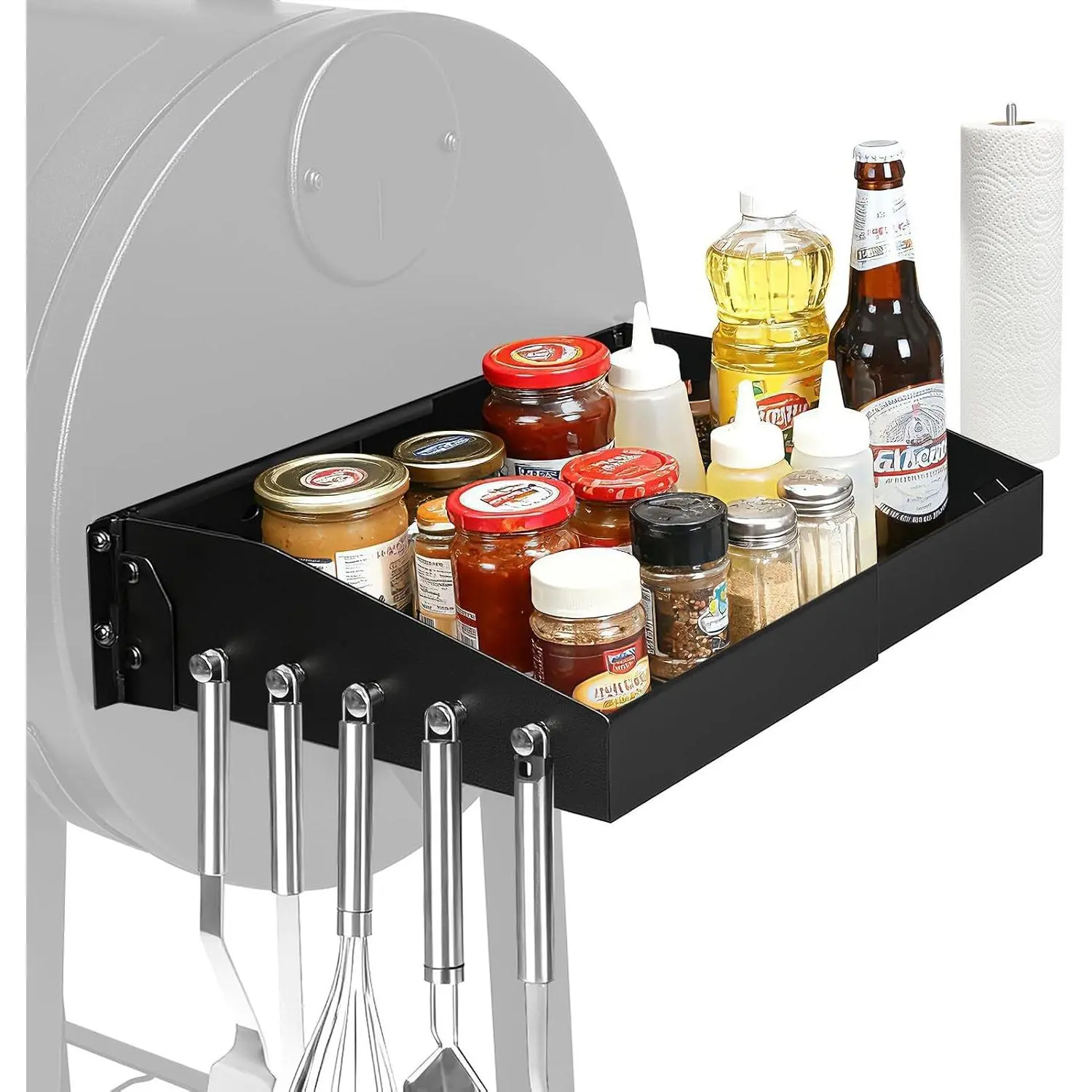Adjustable Folding Grill Side Shelf for Pit Boss 540 & 700FB, Side Prep Table with 5 Tool Hooks Compatible with Camp Chef, Char-Griller & Dyna-Glo Grills