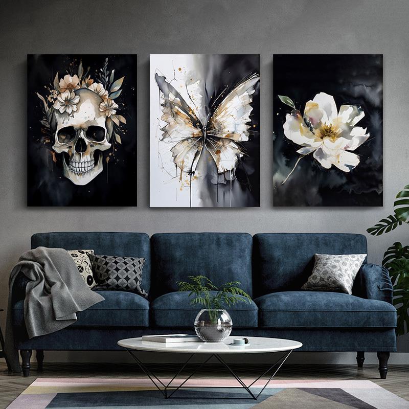 Framed 3 Pieces Skull Pansy Canvas Poster Black and White Gothic Wall Art Witch Wall Decor Perfect Gift for Friends and Family Flower Skull Butterfly Abstract Wall Art Canvas Print Home DecorAlready frameddopamine decor gifts boyfriend poster