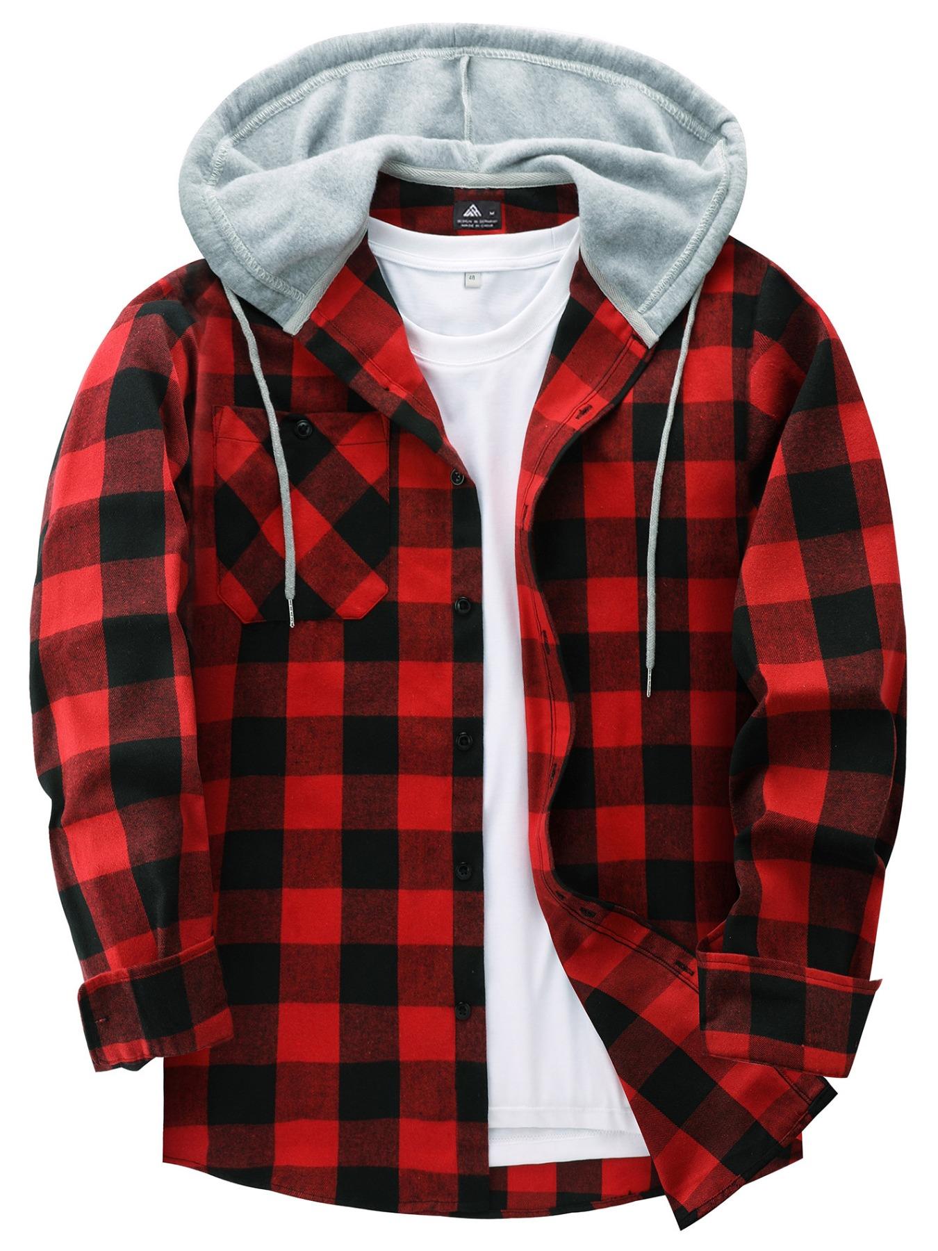 Men's Plaid Button-Front Drawstring Hooded Shirt, Regular Fit Casual Long-Sleeve Outerwear with Pockets for Spring and Fall, Men's Clothes for Daily Wear