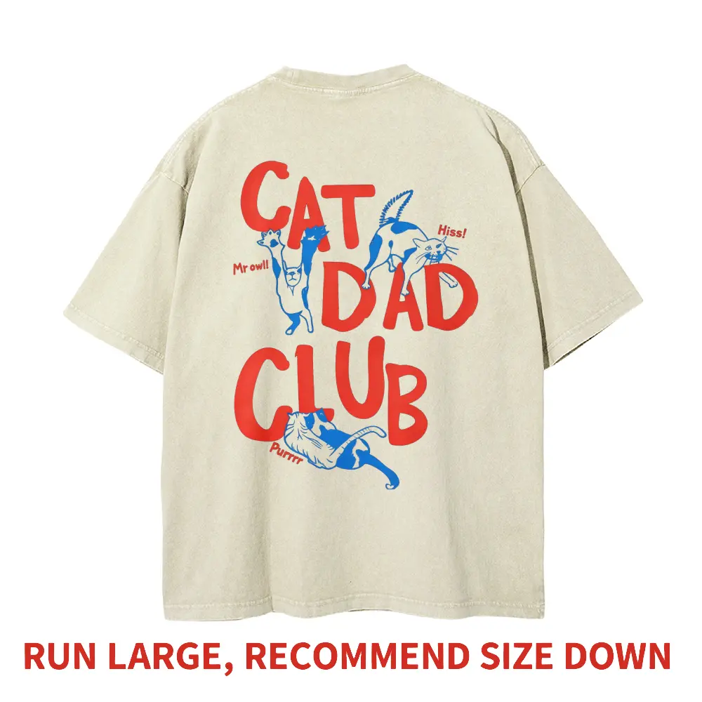 Men's Casual Pure Cotton Vintage Washed Heavyweight Oversized Boxy Cut Short-Sleeve Graphic Print T-Shirt - All Seasons Streetwear "Cat Dad Club" Menswear Top