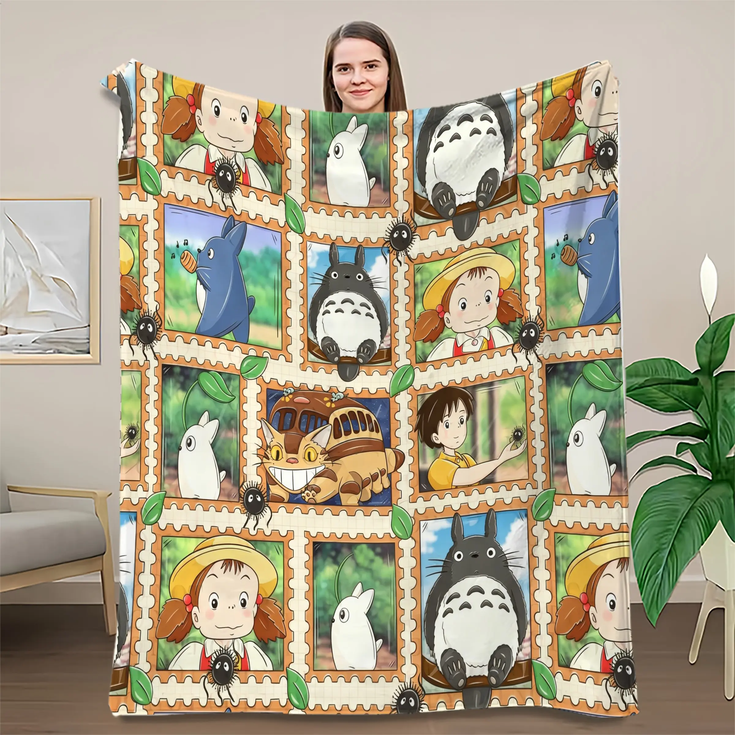 Studio Ghibli Totoro Ponyo Catbus Throw Blanket, Anime Stamp Pattern Flannel, Soft Cozy Cartoon Blanket for Sofa Bed Gift