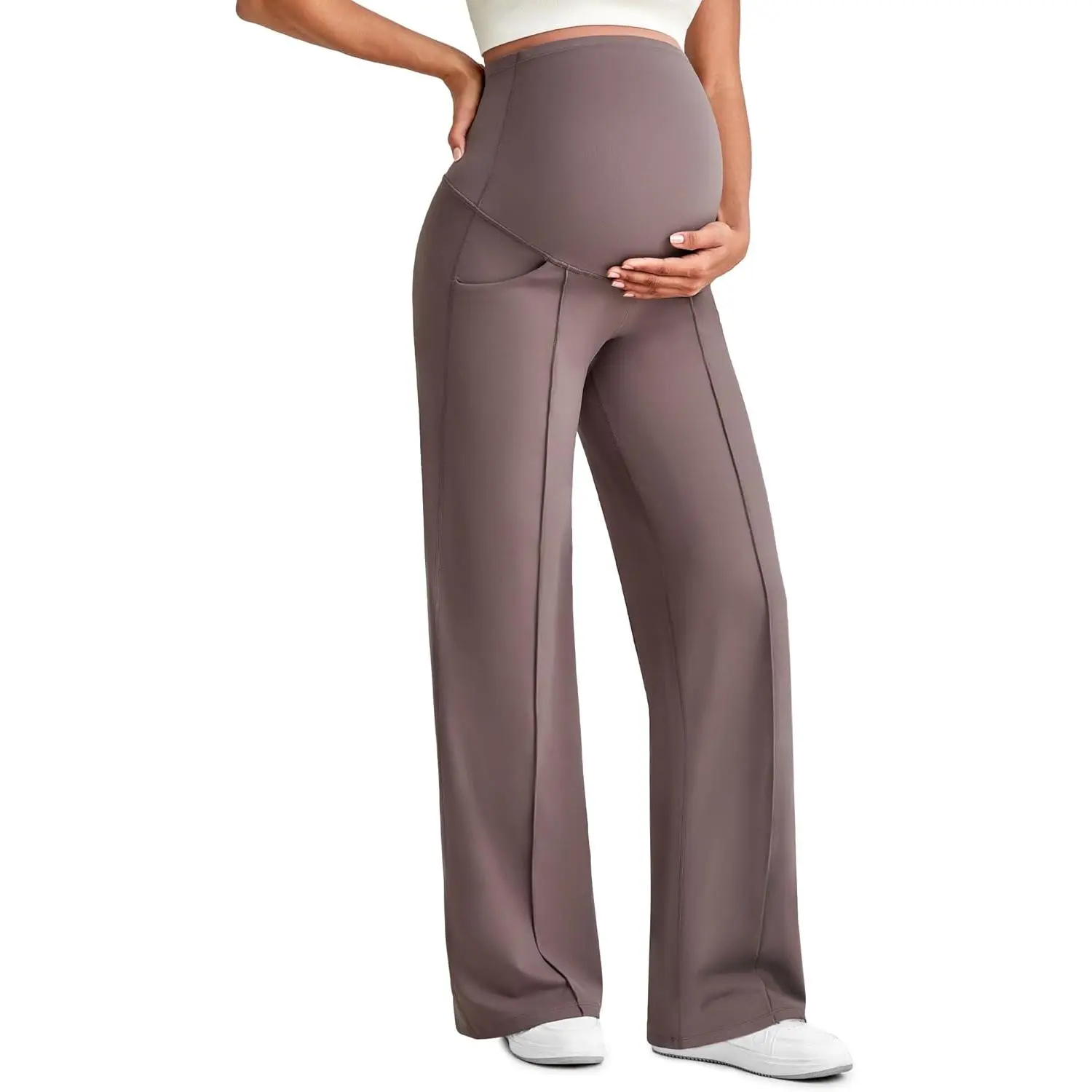 Maternity Over-The-Belly Pants, Casual Wide-Leg Stretch Trousers with Pockets, Plain Full-Length Slacks for Work & Photoshoots, Maternity Photoshoot, Affordable Fashion, Fit Mom, Elastic-Fit, Lounge Pants, Stretch Fabric, Bump Style, Large, Fitted