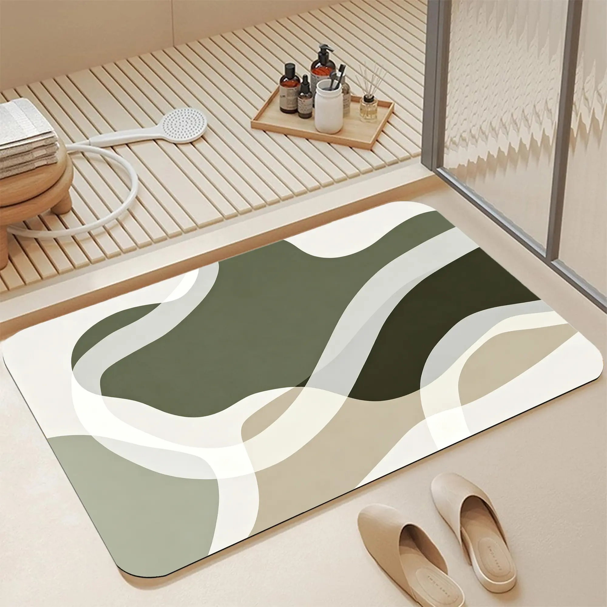 16*24" Sage Green Beige Abstract Flowing Wave Diatomite Bath Mat |   Quick Dry Non Slip Neutral Earth Tone Modern Abstract Layered Shapes Diatomaceous Earth Bath Mat Fast Water Absorbent Boho Minimalist Abstract Shower Rug sage green neutral abstract wave