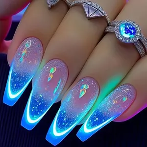 24Pcs Long Coffin Press On Nails, Neon Blue Ombre Glow Glitter Rhinestone Fake Nails, Y2K Mermaid Summer Beach Style