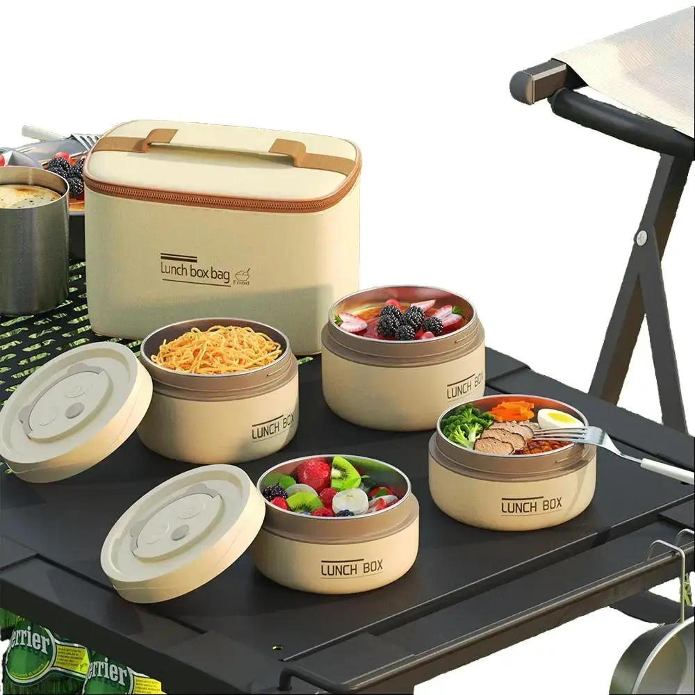 4-Pcs BPA-Free Round 2-Layer Insulated Bento Box Set - Portable Stainless Steel Travel Tableware, Microwave-Safe Reusable Stackable Leakproof Thermal Food Container with Beige Lunch Bag for Adults (Ideal for Bento Box Lunch Ideas)