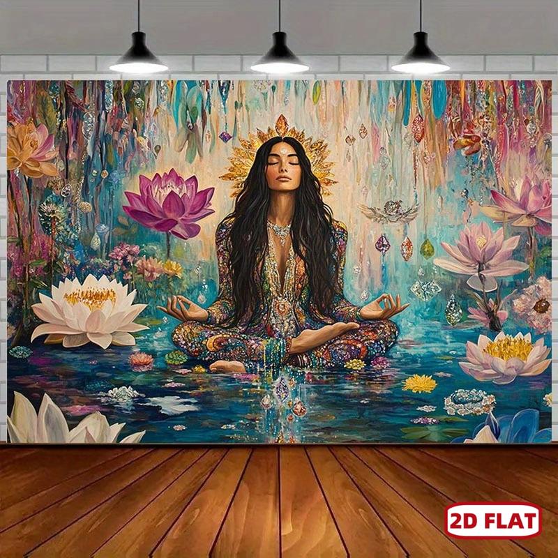 2D Flat Mystical Meditation Lotus Tapestry Vibrant Spiritual Wall Art with Serene Woman in Pose Colorful Flowers Butterflies Perfect for Christmas New Year Special Occasions Polyester Decor