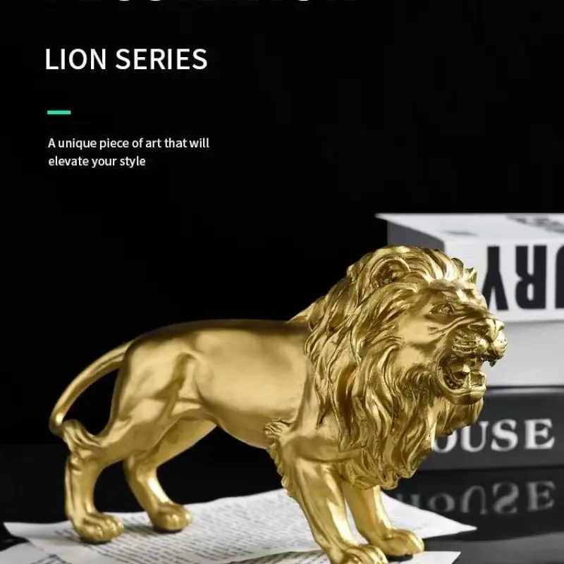Golden Roaring Lion Sculpture, Modern Minimalist Resin Statue, Living Room Office Animal Decor, Handmade Craft Gift