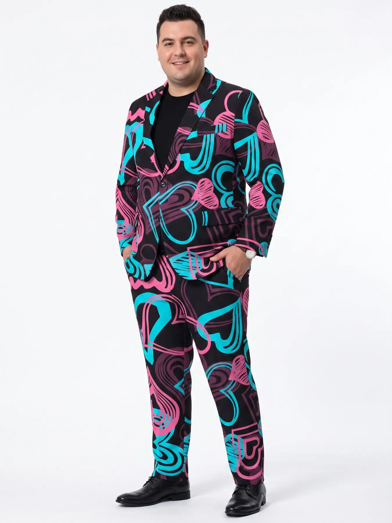 Plus-Size Men's Black Suit with Pink and Blue Heart Print Two-Piece Set, Plus-Size Trendy Blazer and Pants Set for Themed Party, Suit Sets