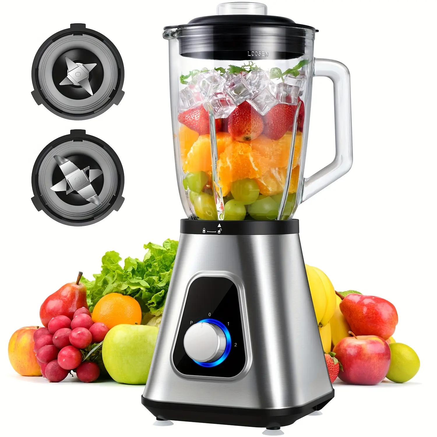 Silvery Countertop Blender with 52oz Glass Jar, 22oz Portable Cup, 3-Speed Adjust Control, Kitchen Maker for Frozen Fruit Drinks, Baby Food, Adjust Speed
