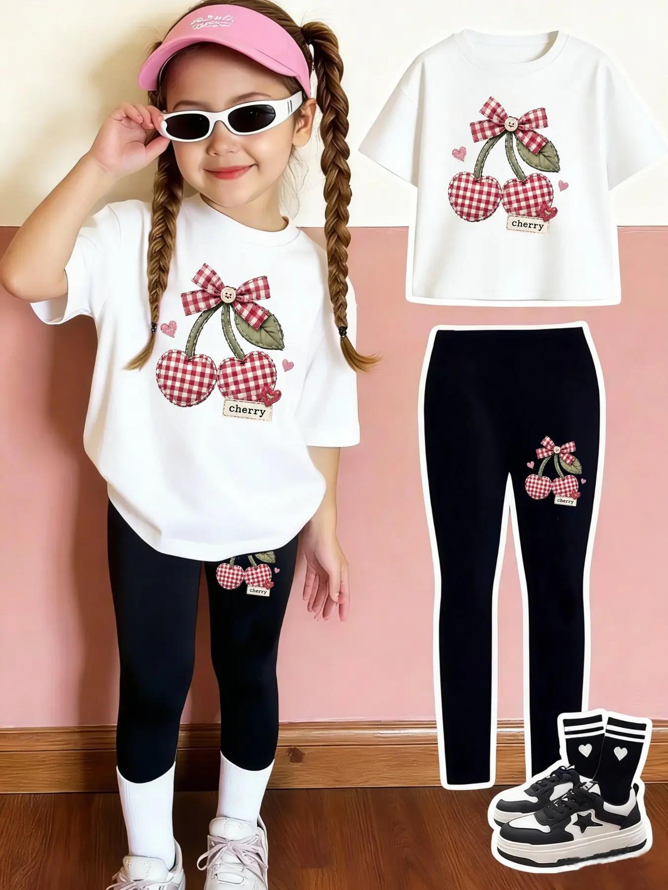 Girls' Cherry Pattern Print Set, Casual 2-Piece, Slim-Fit T-Shirt and Pants, Comfortable Elastic Waist, Ages 4-12, Spring Summer