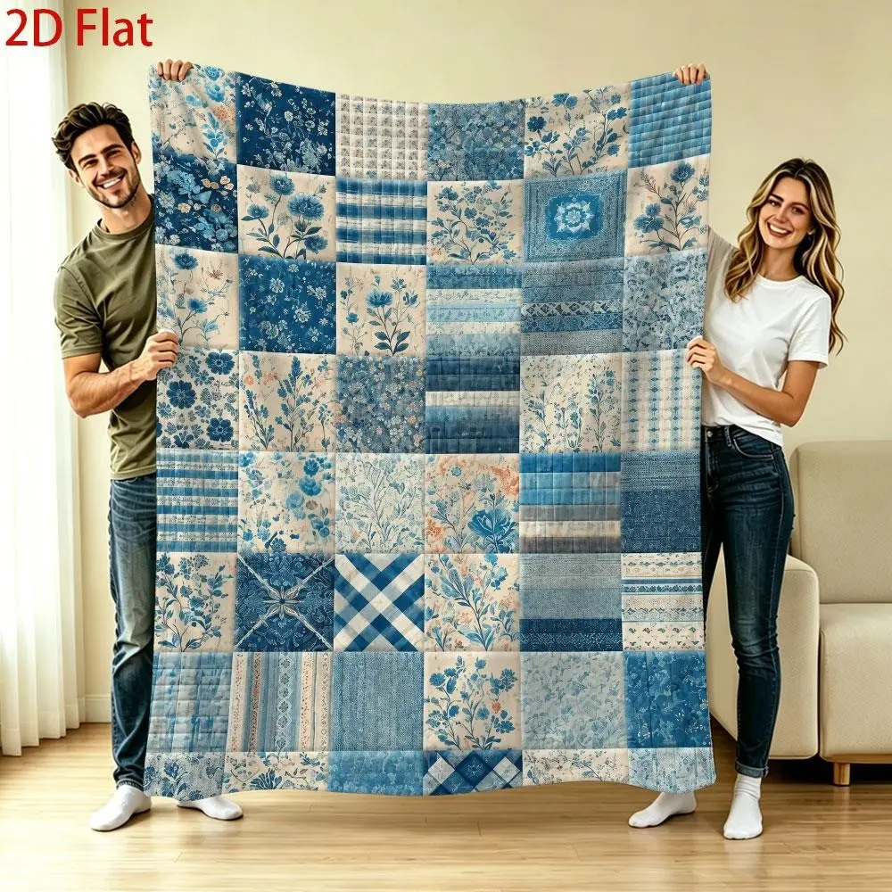 280Gsm Vintage Blue Patchwork Quilt, Floral And Plaid Print Bedspread, Soft Lightweight Blanket for Bedroom Decor, All Season Comforter Cover, Home Textile Gift