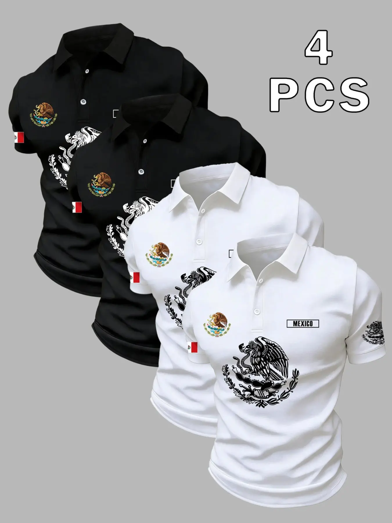 4-Piece Men's Mexican Eagle Emblem Polo Shirts, Short Sleeve Graphic Tees, Patriotic Traditional Clothing, Casual Streetwear