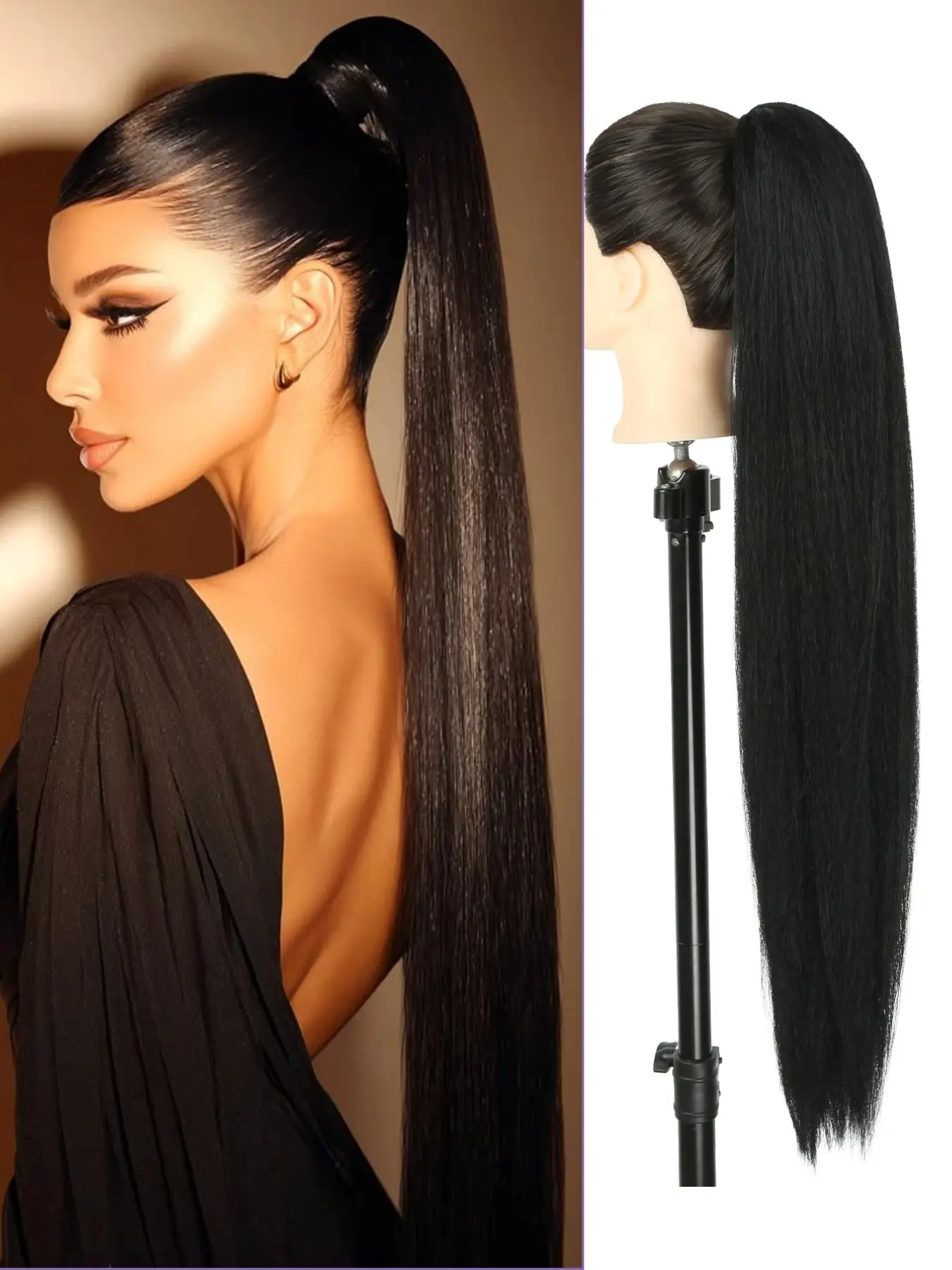 24Inch/32inch Long Straight Drawstring Ponytail Extension  Straight Drawstring Ponytail Extension - Black Natural Looking Fluffy Soft Synthetic Fiber Extensions Cheer Posh Pony Tails Hairpieces Daily Party  for Women Girls Daily