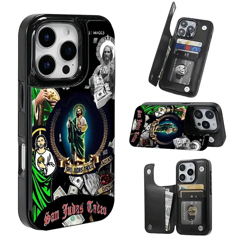 San Judas Tadeo Dollar Collage Card Holder, Printed phone case, not 3D textured. Features card slot for bank cards, transit cards etc. Compatible with iPhone 17/16/15/14/13/12. Unisex, great holiday gift.