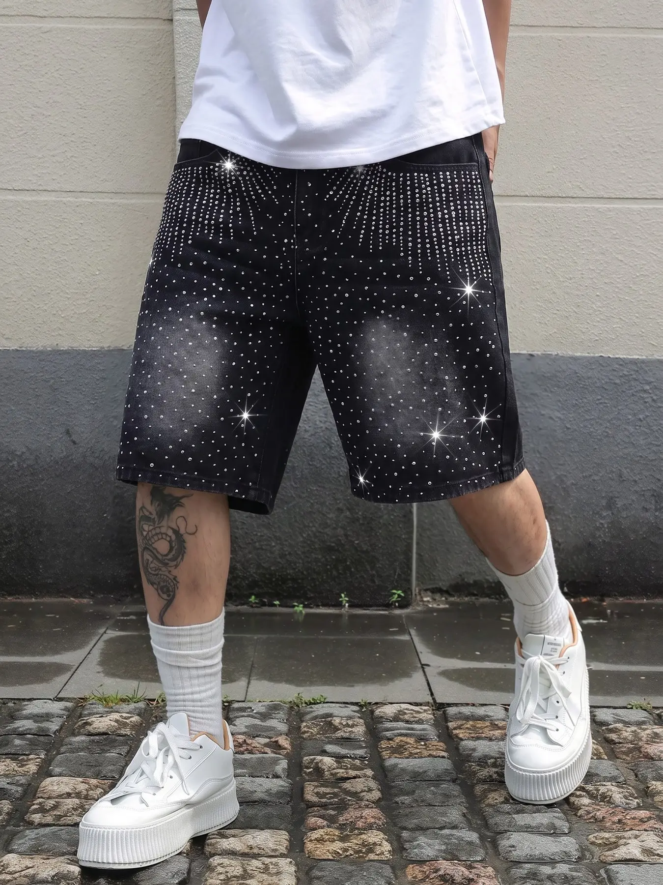 Men Black Washed Radiant Firework Rhinestone Baggy Denim Jorts, Vintage Faded Wide Leg Jean Shorts Y2K Streetwear for Summer Daily Wear