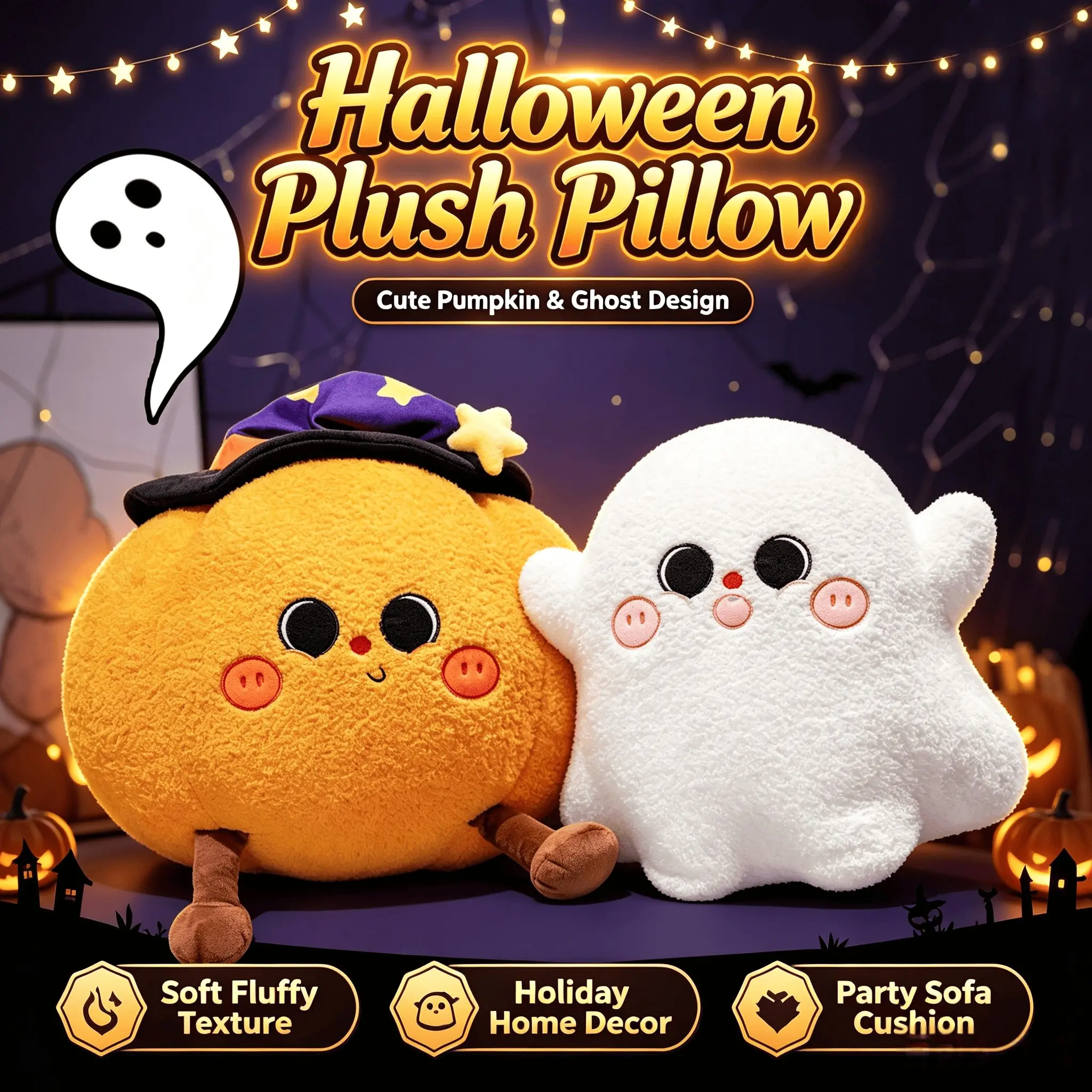 Halloween Themed Soft Plush Throw Pillow, Cute Pumpkin & Ghost Stuffed Decor Doll, Fluffy Sofa Cushion for Holiday Party, Indoor Home Decor