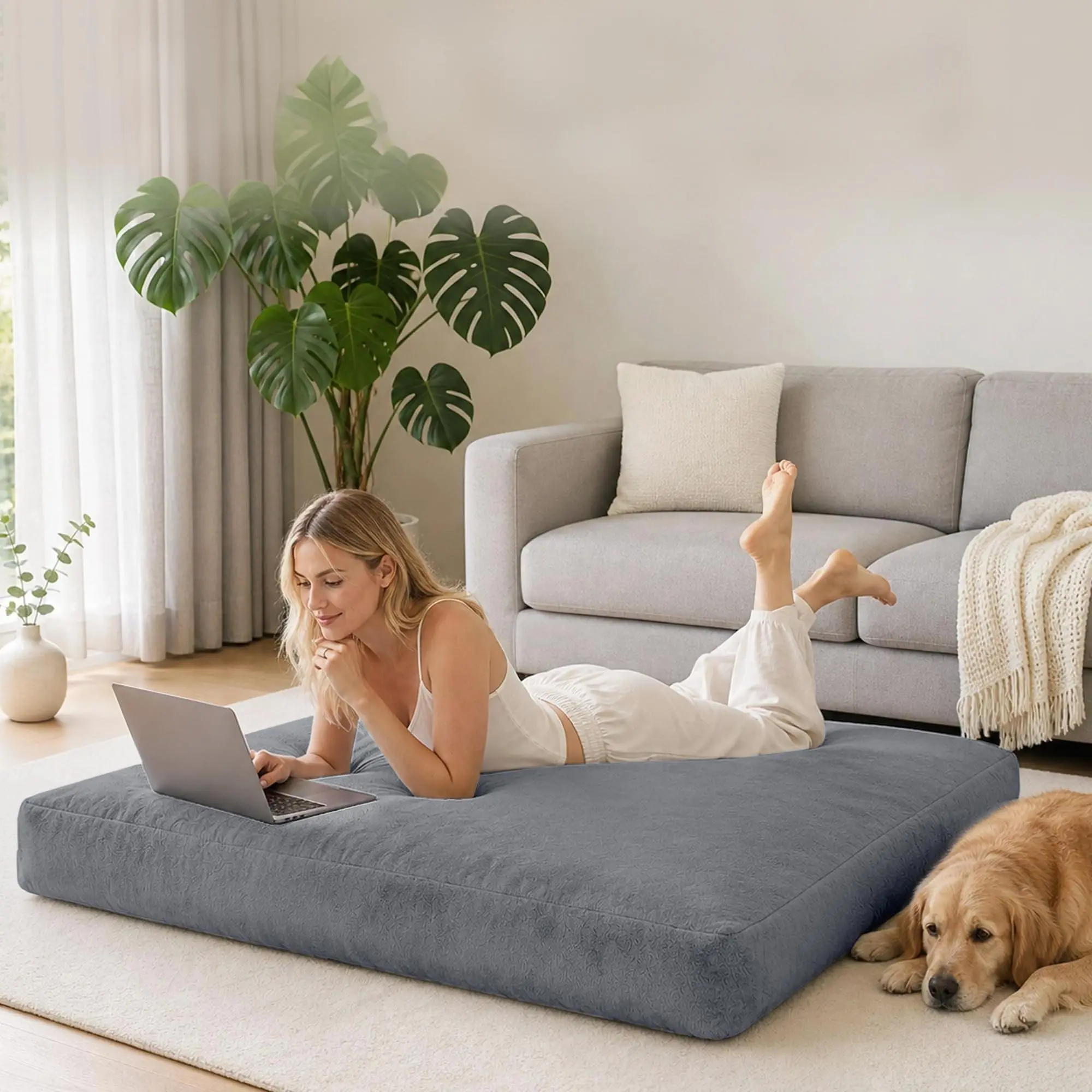 4FT Memory Foam Bean Bag Bed, Convertible Lounger Couch to Mattress with Machine-Washable Cover, Indoor Lazy Sofa for Adults