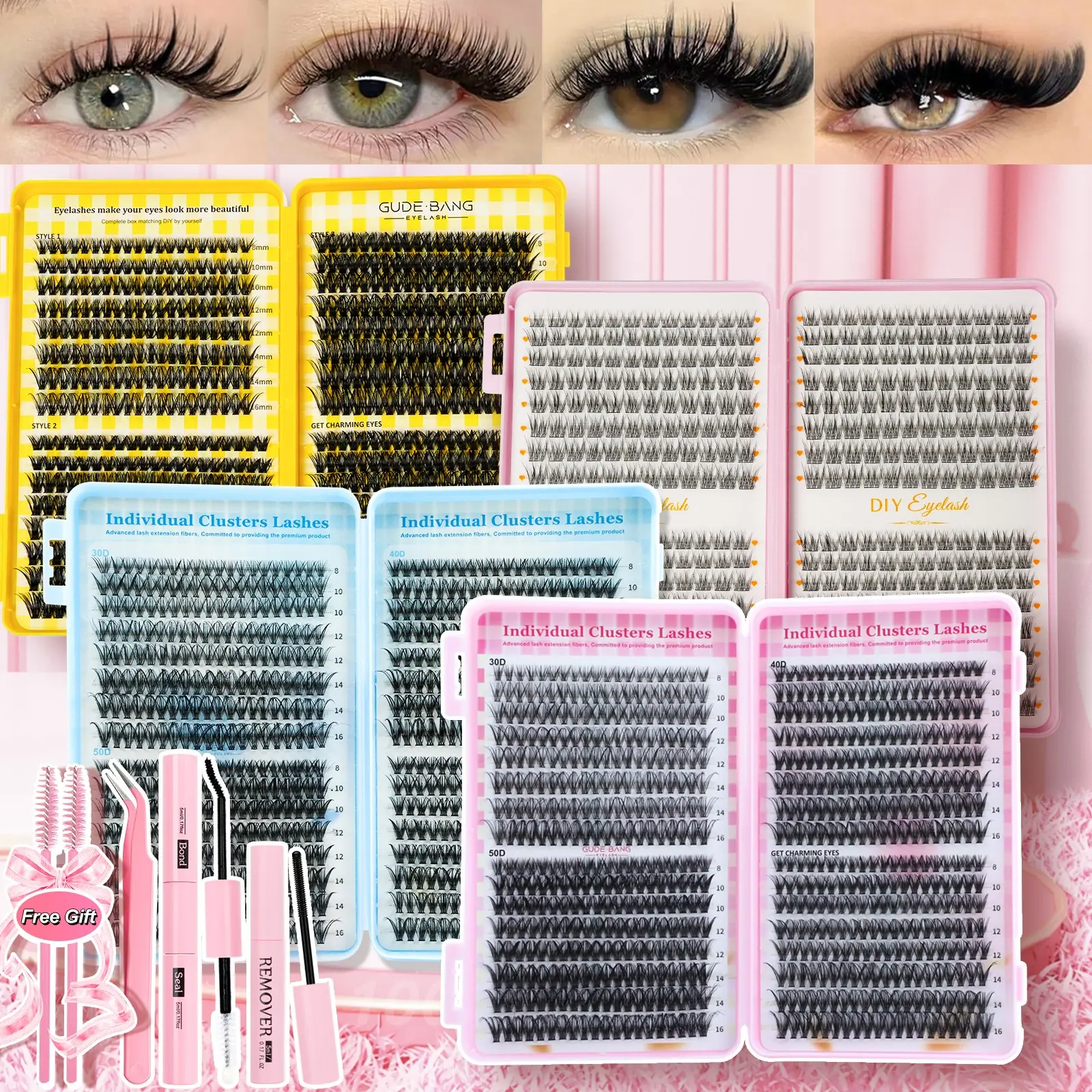 Lash Clusters Kit, DIY Eyelash Extension Kit with Bond & Seal, Remover, Tweezers & Brushes, Mixed Volume Individual Lashes for Beginners, Cluster Eyelash Extensions