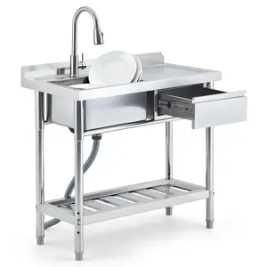 Garvee Commercial Stainless Steel Kitchen Sink with Single 99 cm Bowl, Preparation Countertop, Removable Faucet, Workbench, and Storage Drawer
