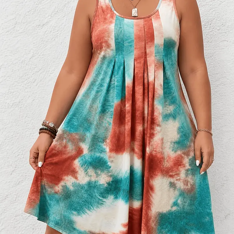 Summer Sleeveless Tie-Dye Pleated Dress, Casual Lightweight Multicolor Loose Sundress, Beach Resort Wear, Comfortable and Stylish