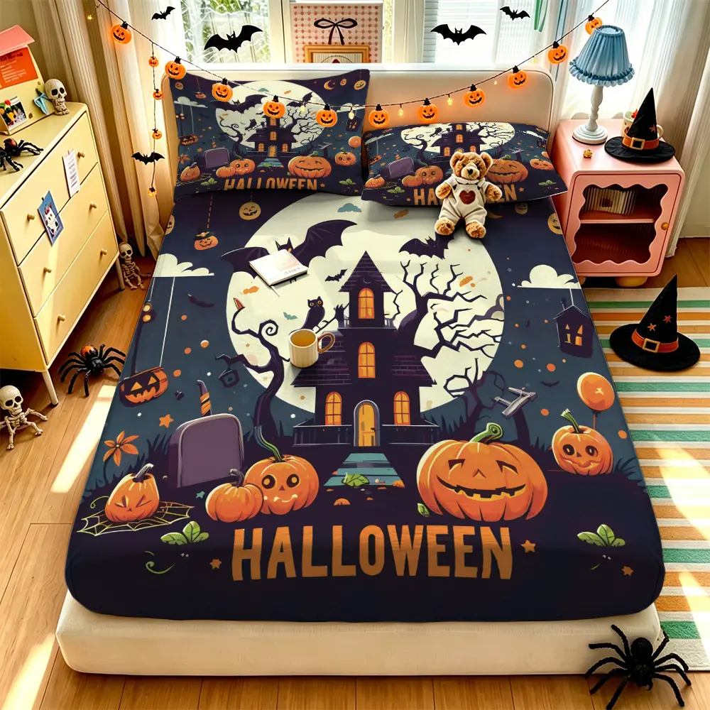 (1 fitted sheet + 2 pillowcases, no filler),Halloween Mystery Castle Pattern,Theme Bedding Set,Fitted Sheet 3-piece bedding set made of soft comfy polyester, machine washable without deformation, great bedding supplies for bedroom and dormitory use