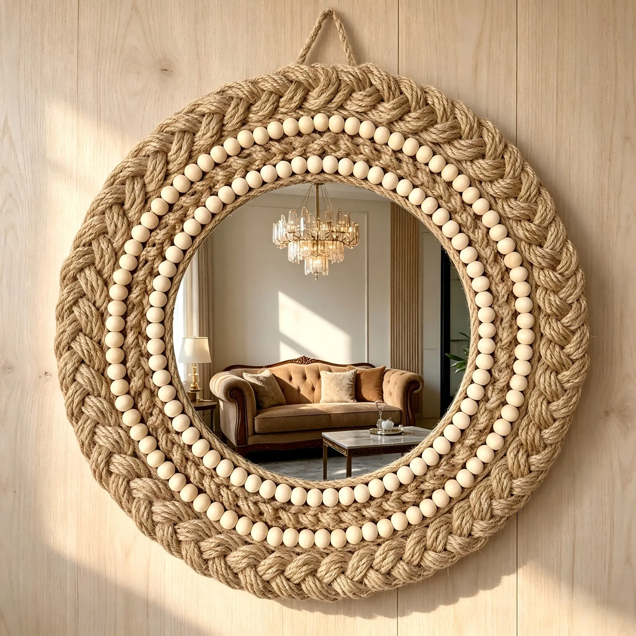 1pc Braided Natural Jute Wood Bead Round Wall Mirror | Boho Farmhouse Style | Easy Hang Hanging Mirror Wall Decor for Apartment Renters, Bedroom, Entryway, Bathroom & Dorm