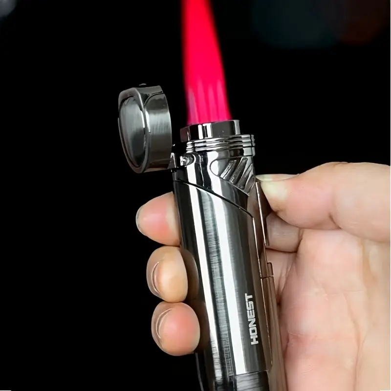 Zinc Alloy Multi-Functional Cigar Cutter & 4 Straight-Fire Windproof Flame Lighters - Spray Gun Ignition Solid Metal Functional Tool, Lighter Accessories for Kitchen, Moxibustion (Fuel Excluded, Ideal Gift)