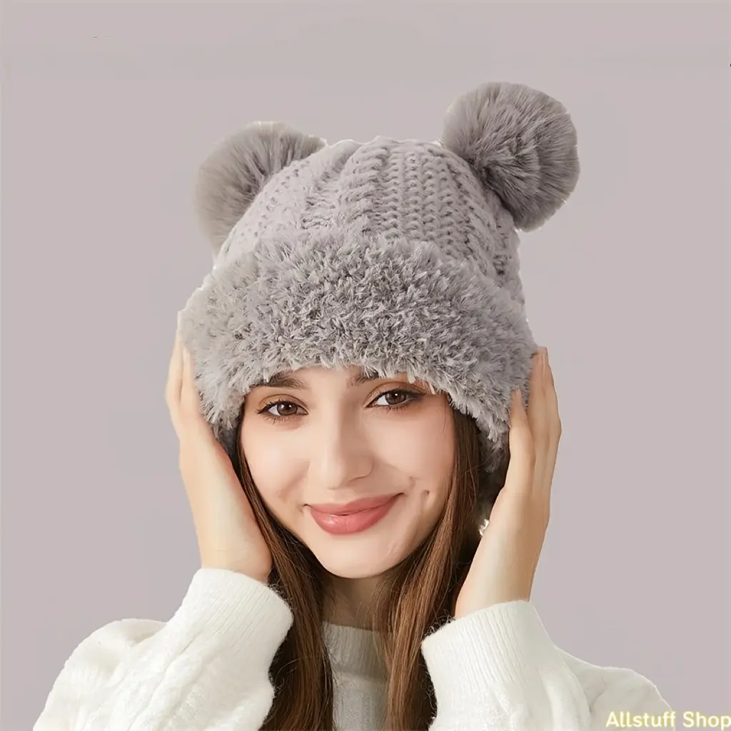 Cute Plush Bear Ear Beanie for Women, Fleece Lined Winter Hat with Adjustable Drawstring for Cold Weather and Holiday Parties, Female, Beanie Hat, Adjustable Size