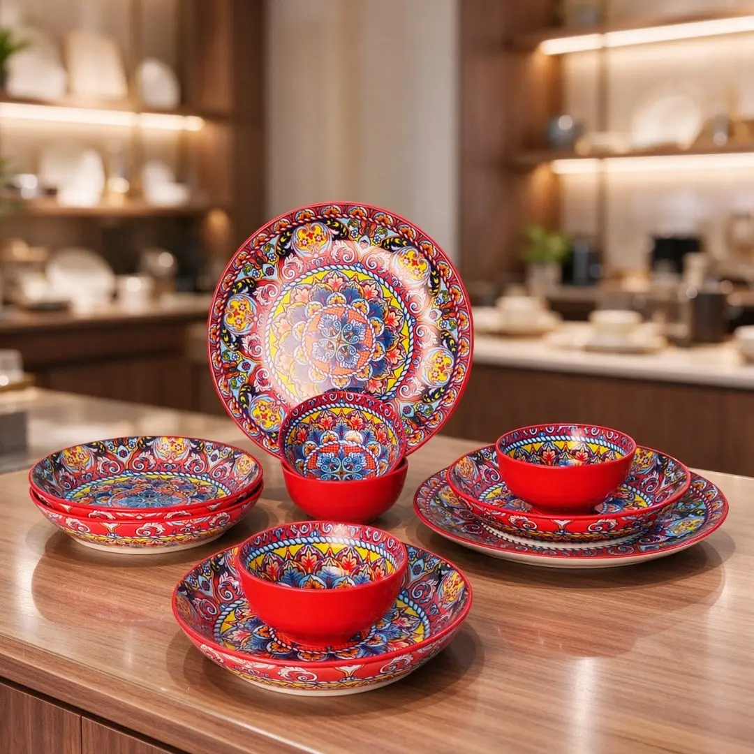 10-Piece Bohemian Style Dinnerware Set, Red Ceramic Tableware, Perfect for Steak, Pasta, Fruit, Family Use, Kitchen Essentials, Plate and Bowl Set