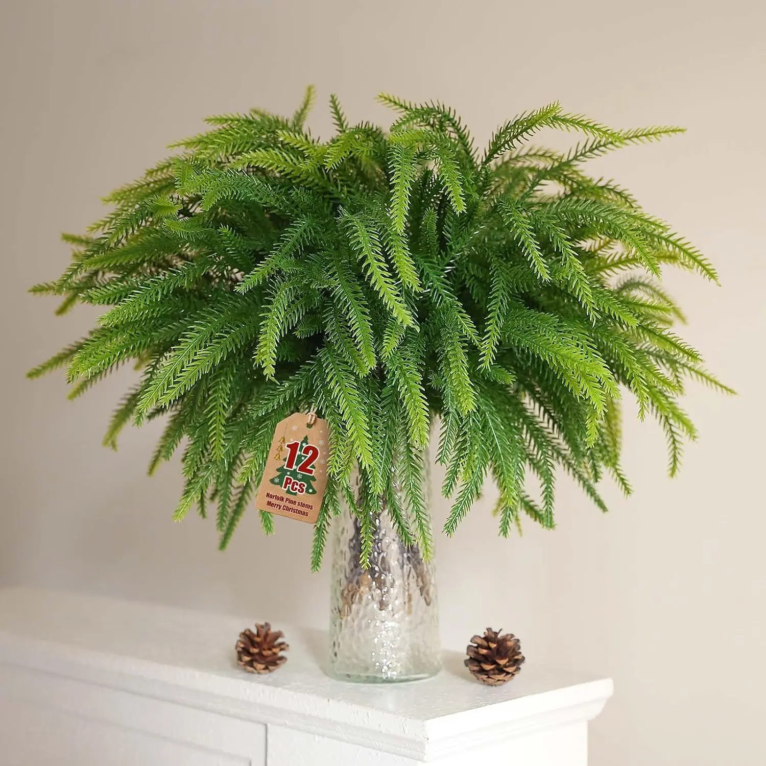 12 count Norfolk Pine Stems, 18in Christmas Norfolk Pine Greenery Branches Decorations, Real  Artificial Picks Faux for Vases Xmas Wreath Garland  Room Decor