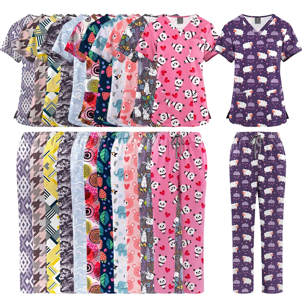 Printed scrub suit, thin, comfortable and breathable, for doctors and nurses, medical cartoon print work uniform, nurse uniform