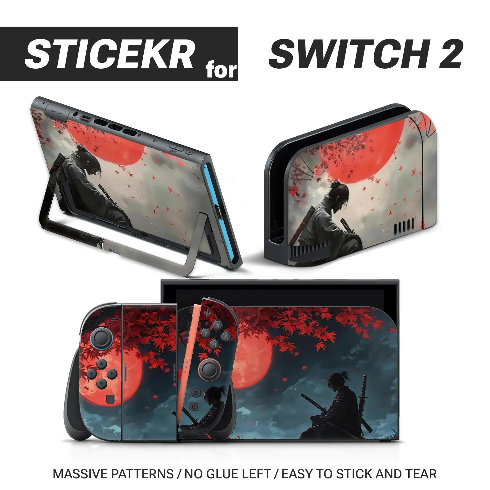 Dark Tone Samurai Landscape Sticker for Switch 2 Controller, Full Coverage Vinyl, Waterproof, Scratch-Resistant, Removable Without Residue