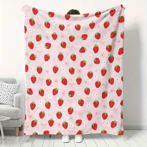 1Pc Pink Strawberry Print Flannel Blanket - Soft & Cozy All-Season Throw For Bed, Sofa, Travel, And Home Decor - Perfect Gift For Halloween, Birthdays, And Christmas, Travel Blanket |   Playful Design |   Plush Texture, Strawberry Blanket, Throw For Sofa