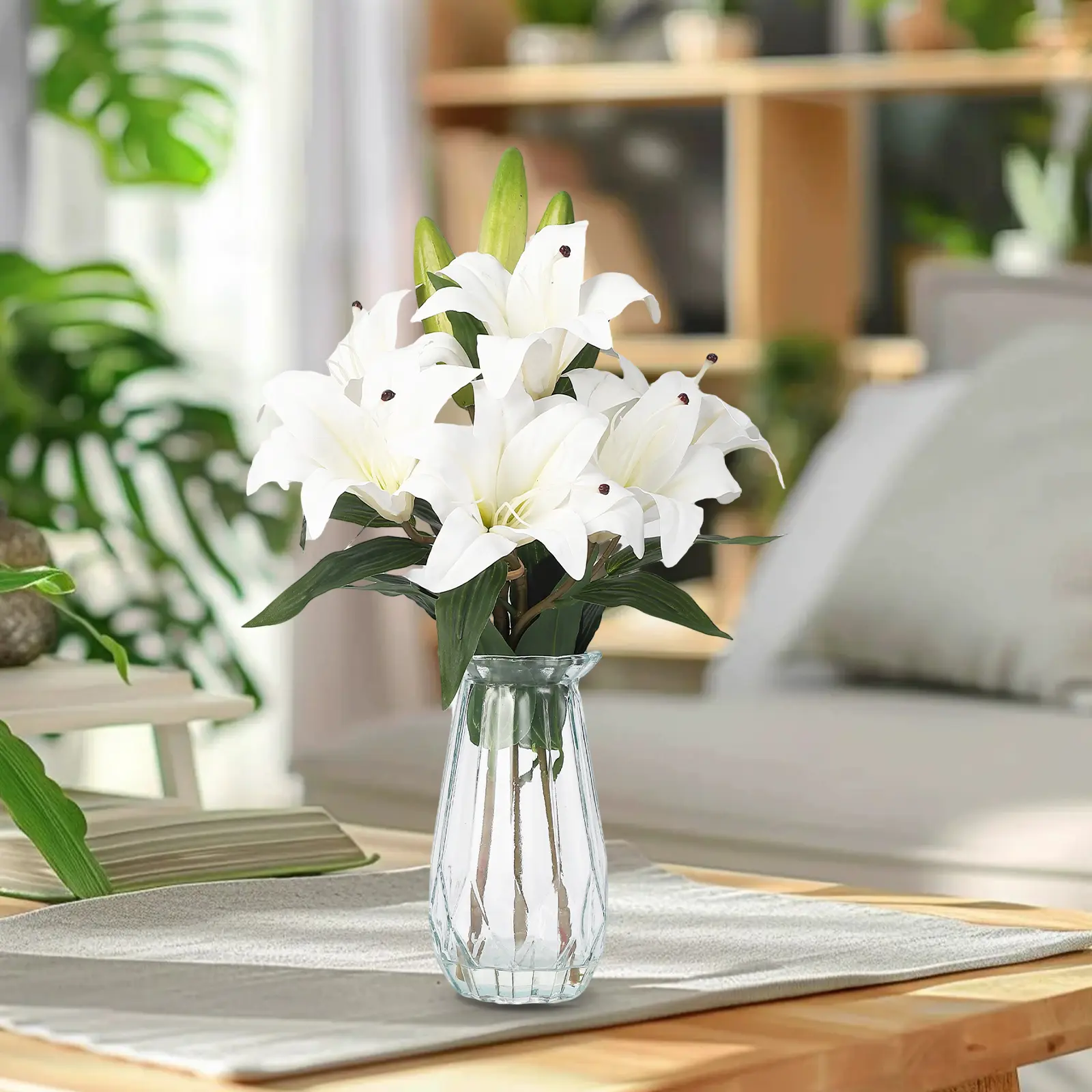 2 Pack Artificial Tiger Lily Flowers with Glass Vase, Real Touch Faux Silk Floral Arrangement with Faux Water, Lifelike Centerpiece Decor for Home, Wedding, Table, and Events