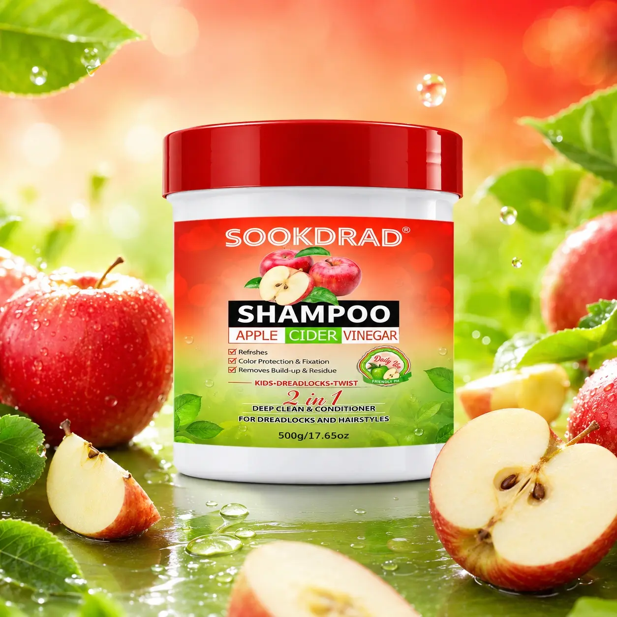 Apple Cider Vinegar Shampoo, 2in1 Deep Clean Conditioner, Color Protection, Removes Build-up & Residue, For Kids, For Dreadlocks, For Twists, Daily Use, PH Friendly, 500g/17.65oz