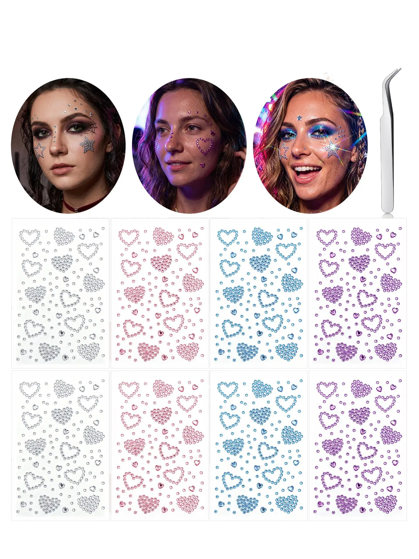 8sheets Heart Face Gems Hair Gems Hair Jewels Face Jewels Stick on Rhinestones for Makeup Pink Blue Purple Sticker Body Self-Adhesive Y2K Jewelry Rave Party K-Pop Music Festival Concert Accessories