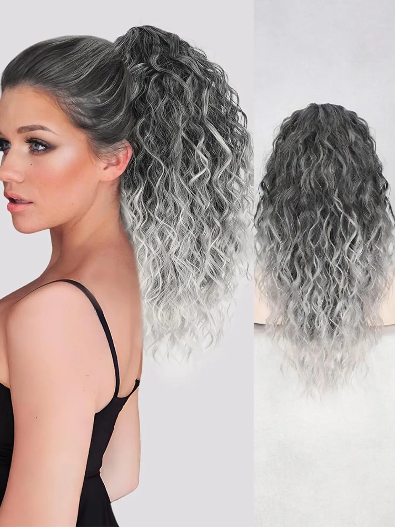 18 Inch Omber Ponytail Extension, Wavy Curly Claw Clip, Natural Fake Synthetic Hairpiece for Women, All Seasons Use