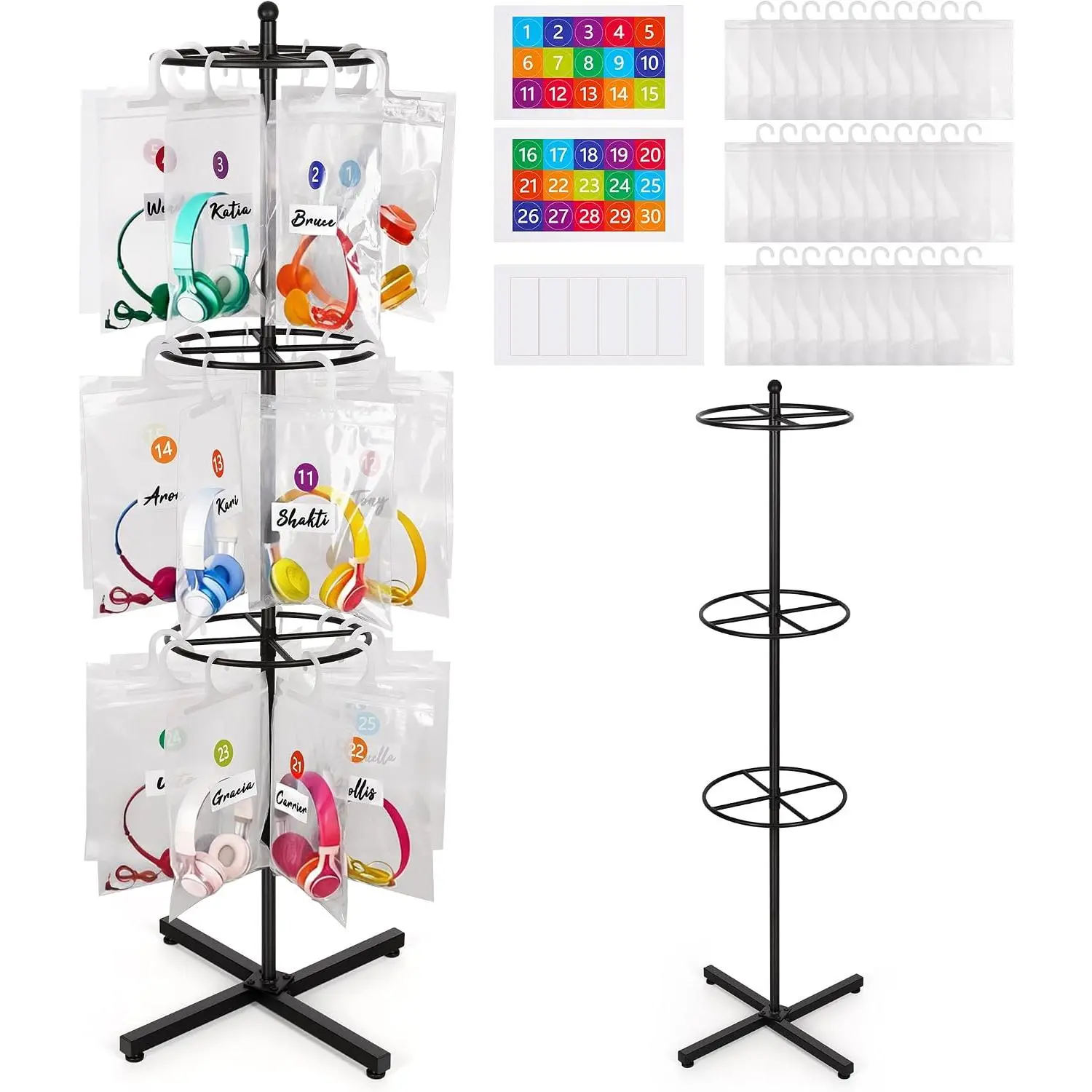 Freestanding Metal Headphone Storage Stand with 30 Storage Bags | No-Drill Headphone Organizer, Heavy Duty Movable Headset Holder Stand for Classroom,  Lab, Office and  Center