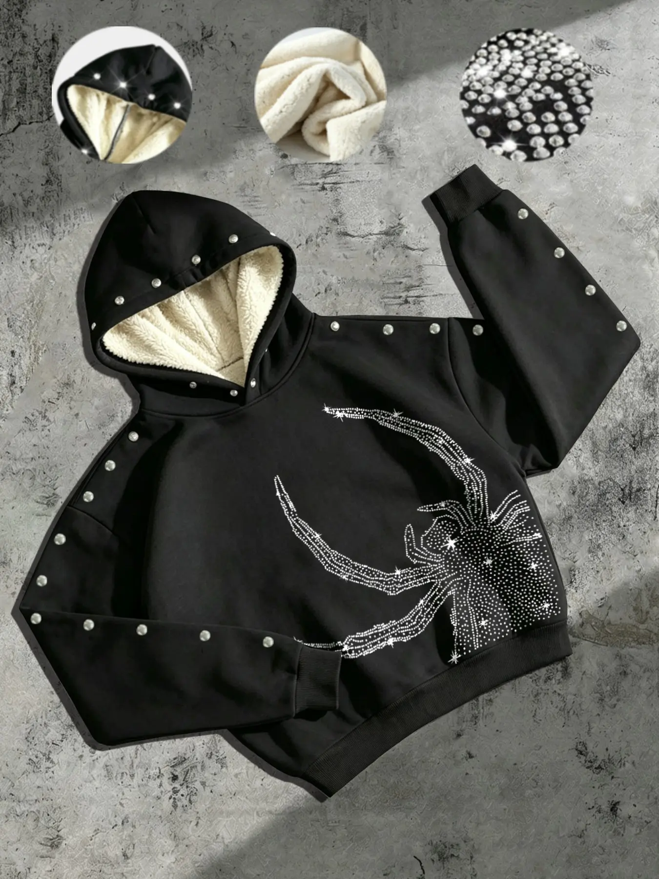 Men's Vintage Gothic Spider Rhinestone Hoodie, Sparkling Moon Spider Pattern, Rivet Decor, Loose Fit, Hip Hop Style, Fall Winter Fashion