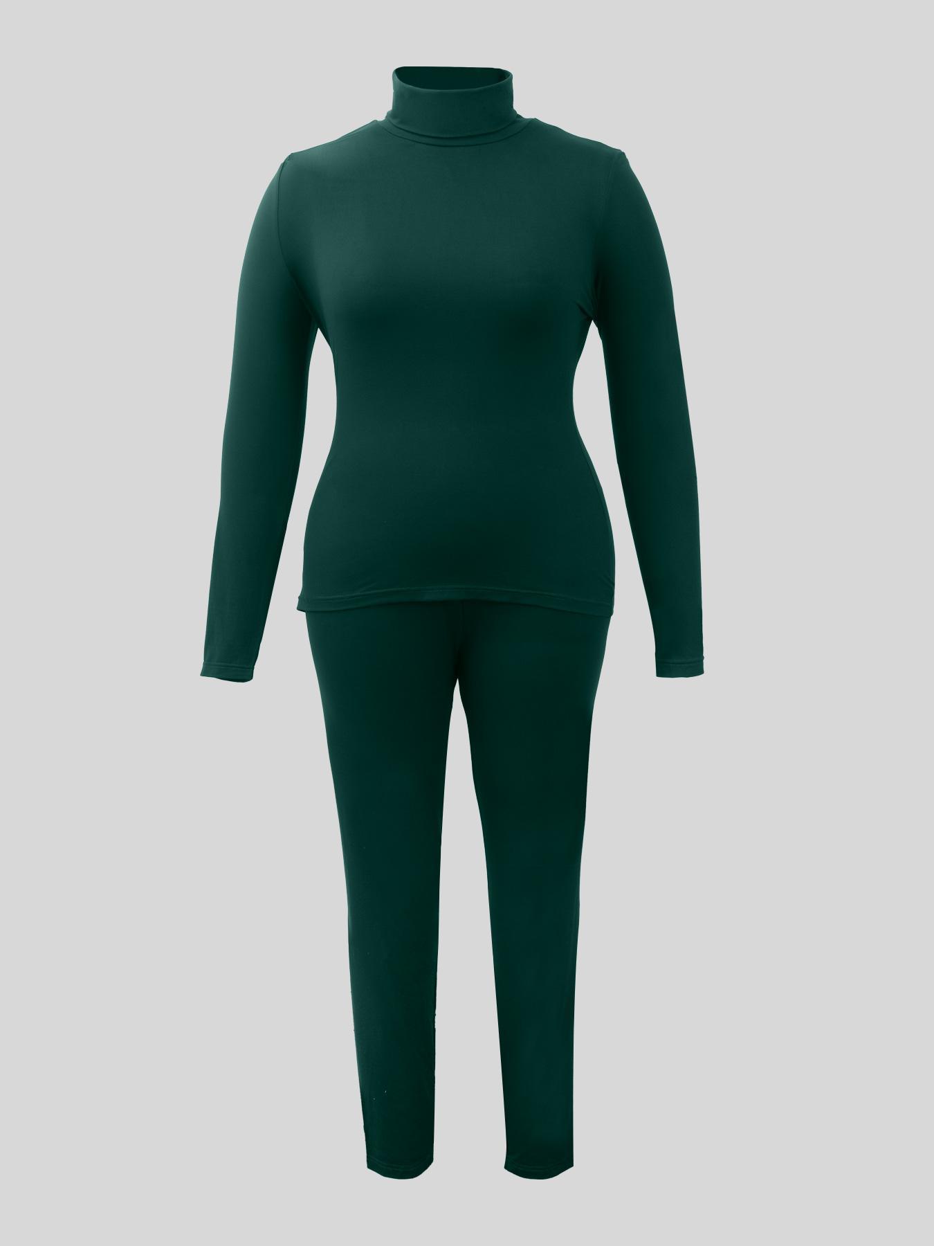 【Plus Size】 Two-Piece Set Solid Long Sleeve Tee & Skinny Pants, Casual Turtleneck Top & Trousers for Daily Outdoor Wear, Women's Two-piece Outfits for Fall & Winter