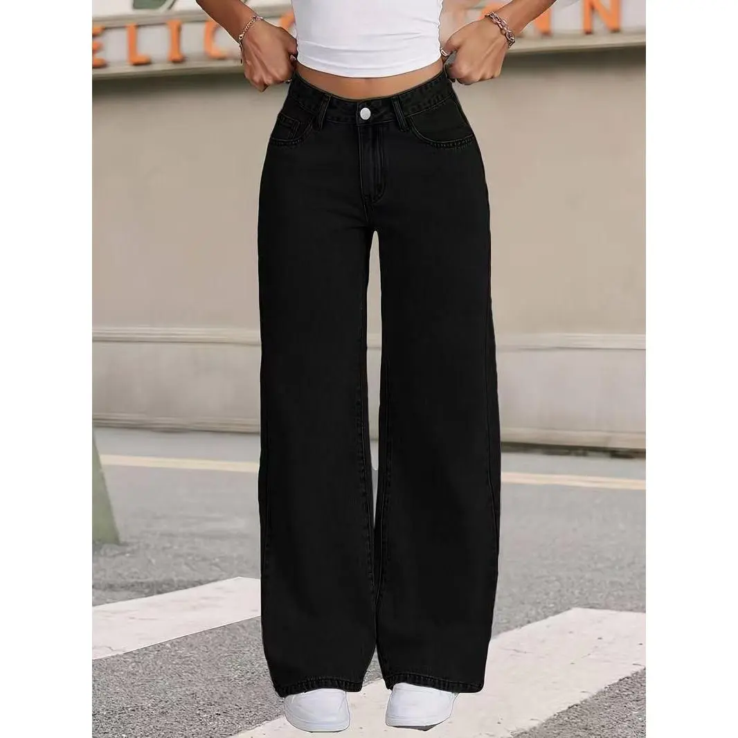 Women Front Button Pocket Straight-Leg Casual, Basic Loose Fit Oversize Denim Jeans Light Wash Cotton Woven For Daily Wear Pockets For All Seasons Baggy Pants Streetwear Low-Rise Non-Stretch Stacked Jeans