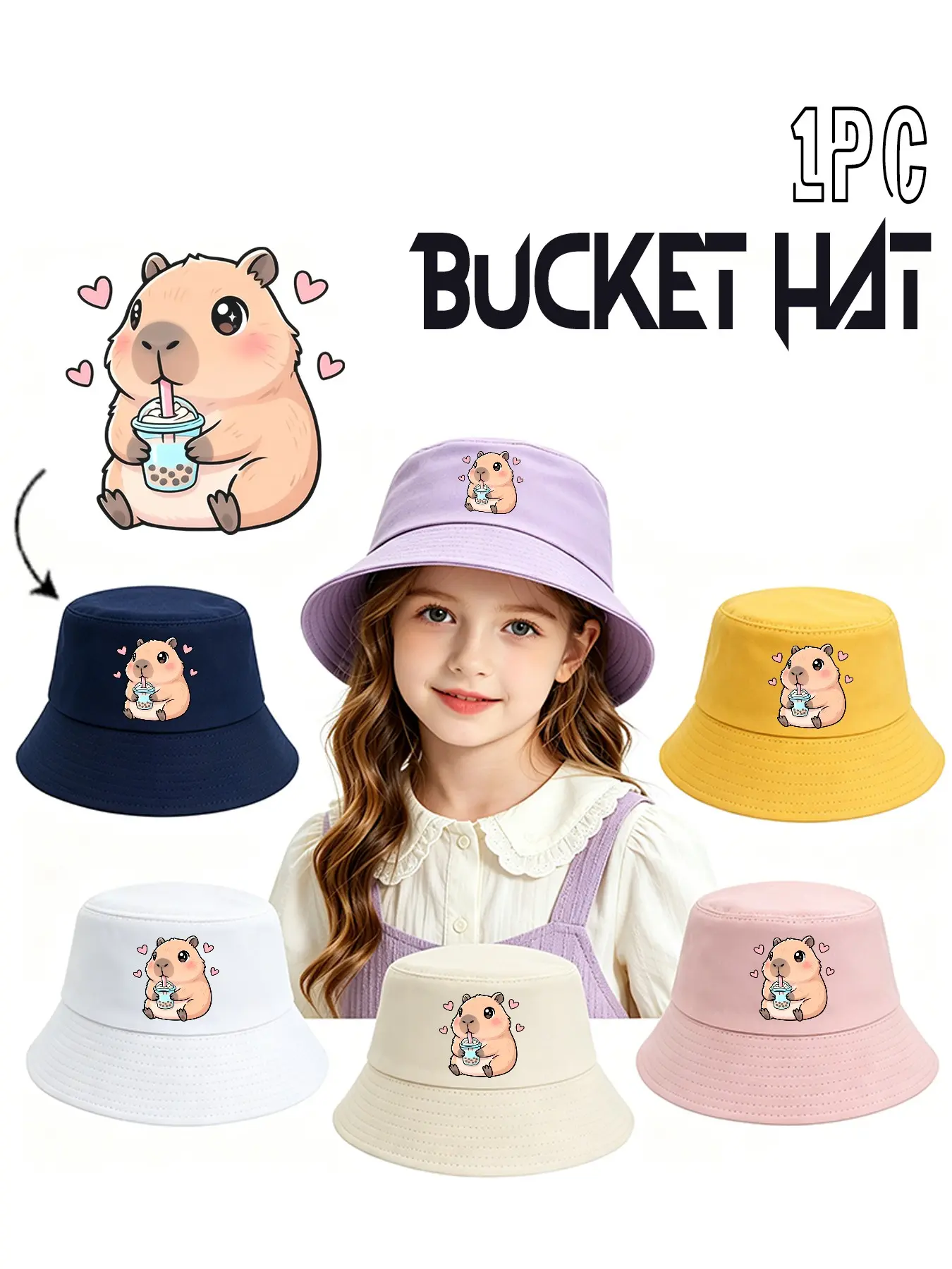 Cute Capybara Drinking Boba Print Kids Cotton Bucket Hat, Breathable Soft Wide Brim Kawaii Aesthetic Fisherman Cap, Cartoon Animal Sun Hat for Girls Summer Streetwear Beach Matching, Animal Hats, Trendy Hat