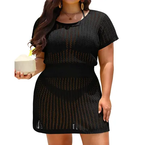 Aqua Eve Women's Plus Size Swimsuit Cover Up - Crochet Bathing Suit Coverup Short Sleeve Beach Dress Swimwear